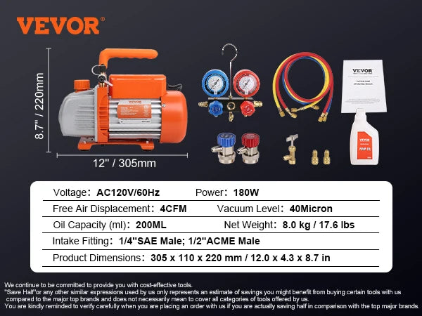 SucceBuy 3.5CFM 4CFM Single Stage Rotary Vane HVAC Air AC Vacuum Pump & A/C Refrigerant Kit Manifold Gauge Set Air Conditioning
